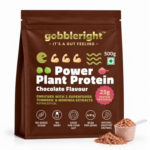 [BRSRGGANCEHGMFI3] GOBBLERIGHT Plant Protein Powder Chocolate (500g)-28.5g Protein & 4.91g BCAA Per Serve|Isolate & Concentrate Pea Rice Powder with Turmeric & Moringa Extracts|No Added Sugar|Gut Friendly