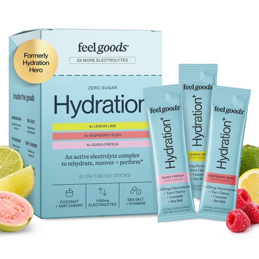 [BRSREZQPAQPBOCTU] Feel Goods Hydration+, 1,100mg Electrolytes, Sugar Free Packets, Daily Hydration, Magnesium, Organic Tart Cherry, Potassium, Less Cramping, Energy Boost - Electrolyte Powder Packets - 12 Variety Pack