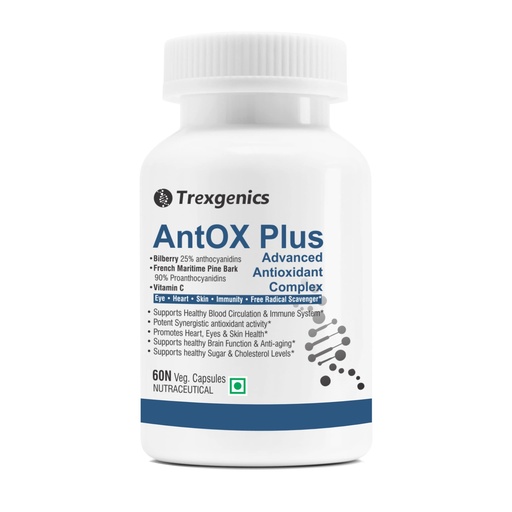 [BRSWYFIYOYPRUCQY] Trexgenics ANTOX PLUS Bilberry 25% 200 mg, Pine bark 90% 200 mg & Vitamin C Advanced Antioxidant complex, Heart, Eyes, Skin, Immunity, Metabolism (60 Vcaps) (1)