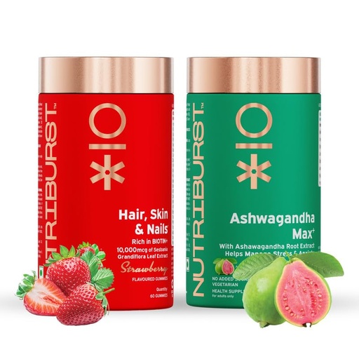 [BRSROBINBMBQY3YY] Nutriburst Super Relax & Glow Combo: Biotin for Healthy Hair, Skin & Nails + Ashwagandha Max 500mg for Stress Relief & Vitality | Beauty, Energy & Wellness | No Added Sugar (Pack of 2X60)