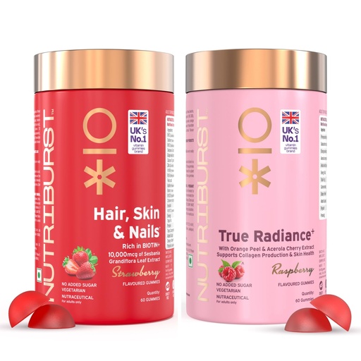[BRSROBINBMJWOFDZ] Nutriburst Super Beauty Combo : Biotin Gummies for Healthy Hair, Skin & Nails + True Radiance Collagen Builder Gummies | Stronger Hair & Glowing Skin | No Added Sugar (Pack of 2X60)