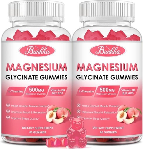 [BRSROGLYOAIREH3B] (2 Pack) Magnesium Glycinate Gummies-Magnesium Glycinate 500mg, Magnesium Complex Supplement with Potassium, VitaminD, B6 for Calm, Sleep&Stress Relief-Sugar Free, 120 Peach Magnesium Gummies