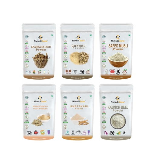 [BRSREYDRCQOR4EYU] Pack Of 6 Different Powers i.e Akarkara, Gokhru, Safed Musli, Kaunch, Ashwagandha & Shatavari (100 grams pack each) = 600 grams Total