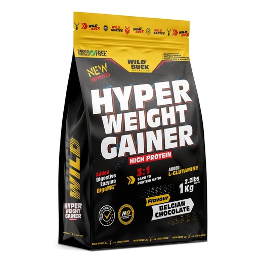 [BRSW2BL2OUCW22D2] WILD BUCK Hyper Weight Gainer, High Protein Muscle Mass & Weight Gainer With L-Glutamine & Digestive Enzymes | Post-Workout Protein Powder For Muscle Gain [Belgian Chocolate, 1 Kg / 2.2 Lb]