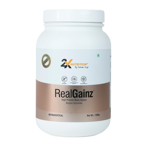 [BRSRAFLQO4HQGCQ6] REALGAINZ by 2X Nutrition | High-protein mass gainer | 78g Carbs per serving | High protein (26g) Natural weight gain | Build lean muscle mass | contains digestive enzymes (1Kg, Belgian Chocolate)