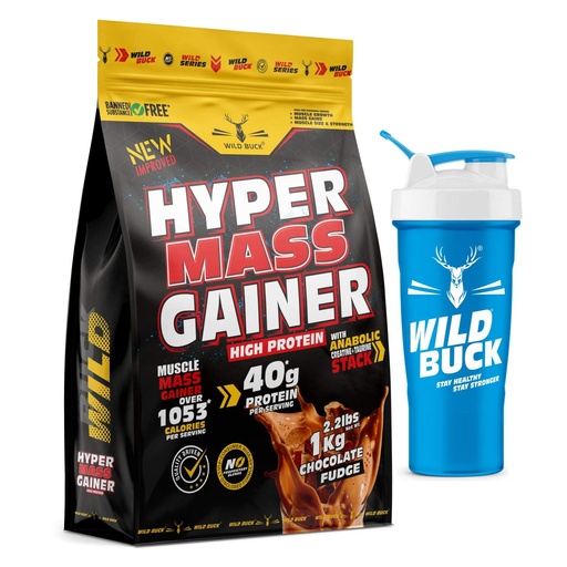 [BRSW2YAKCICGEET2] Wild Buck Hyper Mass Gainer, High Protein Muscle Mass Gainer with Creatine + Taurine,1053 Calories & 40g Protein, Gain Strength & Size,for Men & Women [Chocolate Fudge,1 Kg Powder] Free Shaker