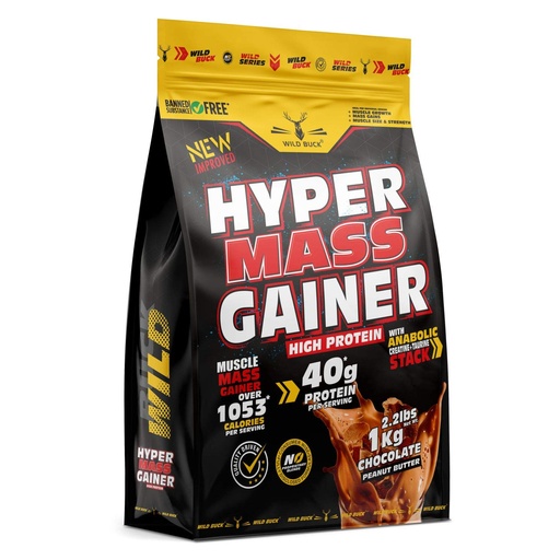 [BRSW2YAKBAFRSFDG] Wild Buck Hyper Mass Gainer Powder, High Protein Muscle Mass Gainer with Creatine + Taurine,1053 Calories & 40g Protein , Gain Strength & Size, Weight Gainer for Men & Women [Chocolate Peanut Butter, 1 Kg / 2.2 lb]