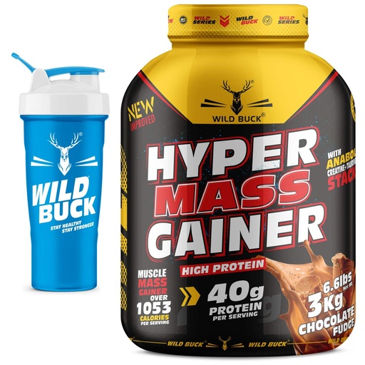 [BRSWYAL7DEBROELK] Wild Buck Mass Gainer,High Protein Muscle Mass Gainer Powder with Creatine + Taurine,1053 Calories & 40g Protein,Gain Strength & Size,for Men & Women [Chocolate Fudge,3 Kg / 6.6 lb] Free Shaker