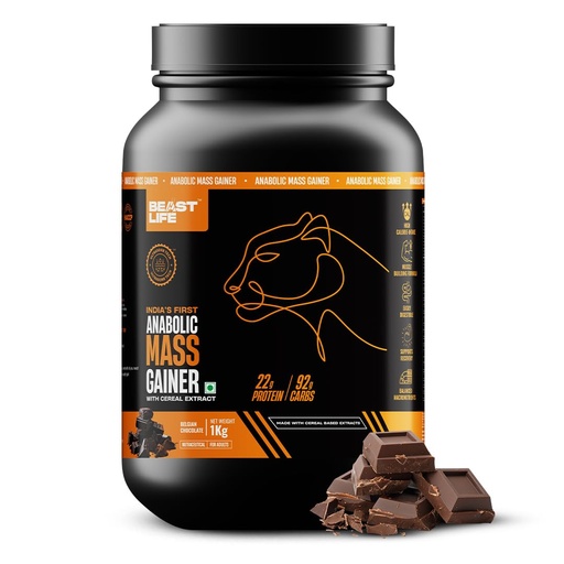 [BRSRAH37OV7AGC35] BEASTLIFE High Protein Mass/Weight Gainer 1 KG Belgian Chocolate NABL LAB Tested For Muscle Gain & Fast Growth Cereal-Based Formula, No Maltodextrin India's #1 Cereal Based Bulk Gainer