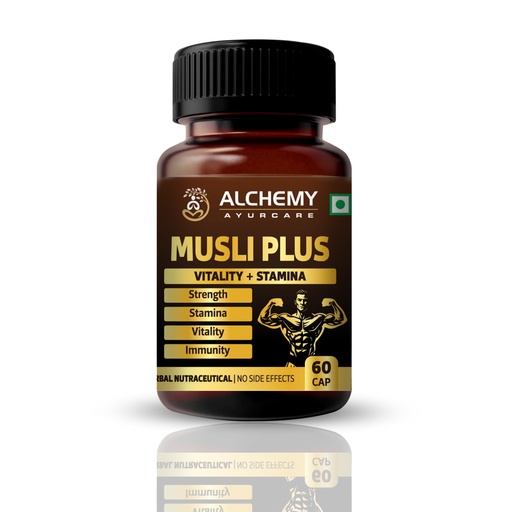 [BRSRGEIRCMARQ33D] Musli Plus Capsules by Alchemy Ayurcare | Safed Musli, Black Musli, Ashwagandha, Kaunch Beej & Gokshura Blend | Strength, Stamina & Vitality Support | Men & Women | 60 Veg Capsules