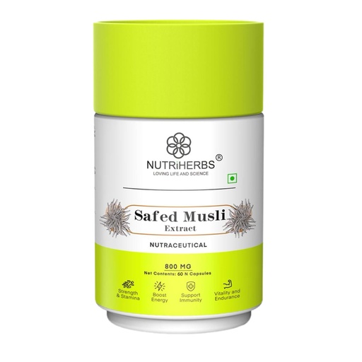 [BRSWGYAEDEFAIYA6] NUTRI HERBS Safed Musli Capsules 800mg – Supplement for Men's Muscle Strength, Stamina, Energy, and Immunity – Safed Musli Root (60 Capsules Pack of 1)