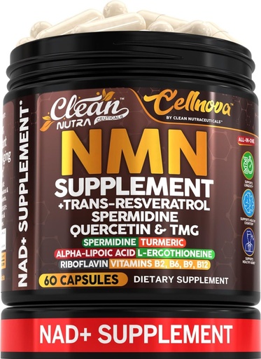 [BRSRYFQKOEDQK3LD] Clean Nutra NMN Supplement 500mg Trans Resveratrol Spermidine Quercetin TMG CoQ10 Complex — Cellnova NAD+ Support All-in-One Longevity Stack for Men and Women — 60 Vegetarian Capsules