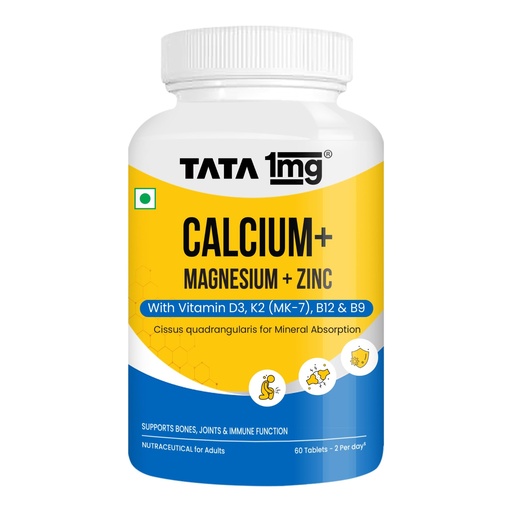 [BRSRGAYLDF5GKFLB] Tata 1mg Calcium Magnesium Zinc Tablets | With Vitamin D3 600 IU, K2-7, B12 & Folic Acid | Hadjod & Black Pepper Extract | Bone & Joint Support Supplement for Adults | 60 Tablets