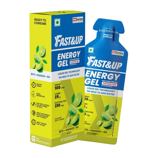 [BRSRGYIKAQCWO2A6] Fast&Up Energy Gel- Zesty Lemon flavour (Caffeine free) - Pack of 6 Gel Sachets, 39g per sachet- For Instant energy boost, Improved endurance and performance