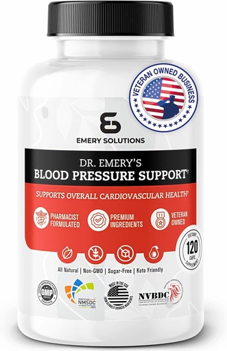[BRSROAIKOUFQ23Y4] Dr Emery's Blood Pressure Support Supplement with Magnesium, Zinc, Vitamin D3, & Potassium, Vegan-Approved, Sugar-Free, Formulated by Clinical Pharmacist, 120 Capsules, 30 Day Supply