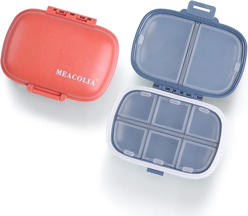 [BRSROAL7CUORYET6] MEACOLIA 2 Pachet 8 Compartimente Travel Pill Organizator Cutie de umiditate Dovada de pilula de mici pentru buzunar Purse Daily Pill Holder Container pentru vitamina de medicina (Dark Blue & Red)