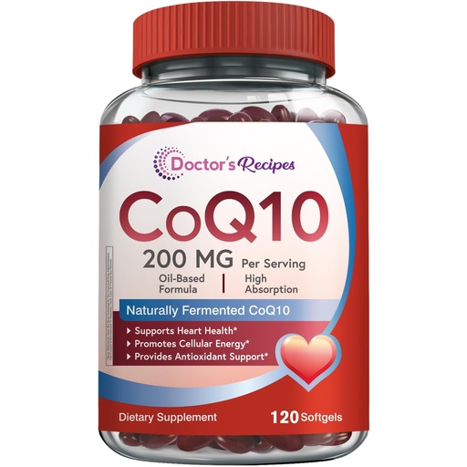 [BRSRMGQ2PJ6RSF3B] Doctor's Recipes CoQ10 200mg Per Serving, High Absorption Coenzyme Q10 Supplement with Olive Oil, Heart & Vascular Health, Energy Production & Antioxidant Support, 2 Month Supply, 120 Softgels