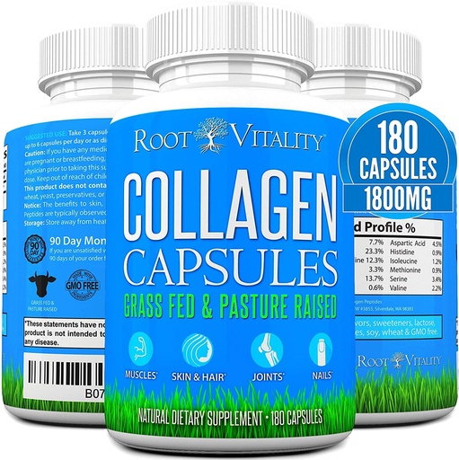 [BRSWGGAHO4IRE23L] Root Vitality Collagen Peptides Capsules - Grass-Fed, Pasture-Raised Hydrolyzed Protein Supplement for Skin, Hair, & Nails - Non-GMO, Zero Sugar Daily Pills for Men & Women (180 Capsules)