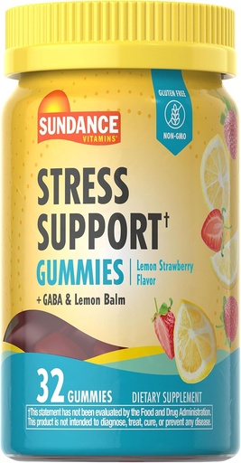 [BRSROAIBOZ5B4D37] Sundance Stress Support Gummies Xi124; 32 Count Xi124; with GABA and Lemon Balm Xi124; Lemon Strawberry Flavor Xi124; Non- GMO and Gluten Free Supplement
