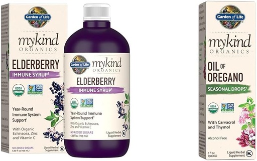 [BRSROAIKCMFA23TL] 생명 유기 식물 기반 Elderberry Immune Syrup 6.59 fl oz & Oregano Seasonal Drops 1fl oz (30 mL) 액체의 유기 오일