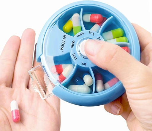 [BRSW2ZYBOYGQO23J] INVODA Weekly Pill Organizer 7 Compartment Rotating Pill Box for Daily Medication & Vitamins - Portable Travel Pill Case Fish Oil Supplements Vitamins Organizer (Sky Blue)