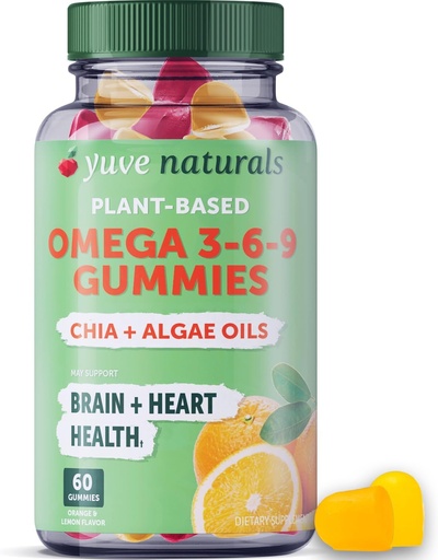 [BRSWYZD5CABRSDYU] Yuve Vegan Omega 3-6-9 & DHA Gummies - Delicious for Kids, Men & Women - Made from Algae & Chia - NO Fish Oil, NO Krill - Essential Fatty Acid Supplement - Non-GMO, Gluten-Free, Plant-Based - 60ct