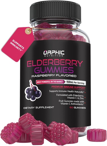 [BRSWGAIFBZ7AGYIZ] ORPHIC NUTRITION Elderberry Gummies with Vitamin C and Zinc - 60 Count - Immune Support Supplement for Men, Women and Kids* - Elderberry Vitamins Made with Vitamin C - 100MG of Elderberry