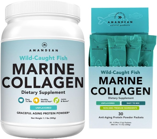 [BRSRMYYTOR5AAELA] AMANDEAN Marine Collagen Duo. 500g Container + 30 Travel Packs. Hydrolyzed Fish Collagen Peptides for Skin, Hair & Nails. Pescatarian, Keto & Paleo-Friendly, Unflavored