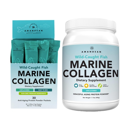 [BRSRMYYTOR5AAELA] AMANDEAN Marine Collagen Duo. 500g Container + 30 Travel Packs. Hydrolyzed Fish Collagen Peptides for Skin, Hair & Nails. Pescatarian, Keto & Paleo-Friendly, Unflavored