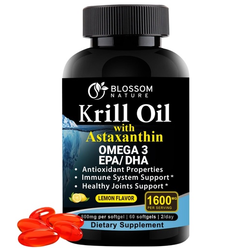 [BRSWYFICOYDQMAYU] Antarctic Krill Oil Softgels–1600mg per Serving with 2mg Astaxanthin, High Omega‑3 (174mg EPA & 120mg DHA) in Phospholipid Form–Supports Joint, Heart, Skin & Brain Health–60 Lemon-Flavored Softgels