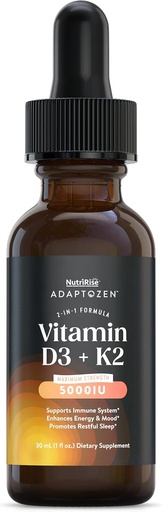[BRSW22T6DF6QMGYY] NutriRise Vitamina D3 K2 cae 5000 UI: Vitaminas Inmunitarias, Soporte para Energía, Bienestar &amp; Confort Conjunto, Vegetariano, Fórmula Líquida para Hombres &amp; Mujeres + MCT Oil, Gluten Free, 1 fl oz