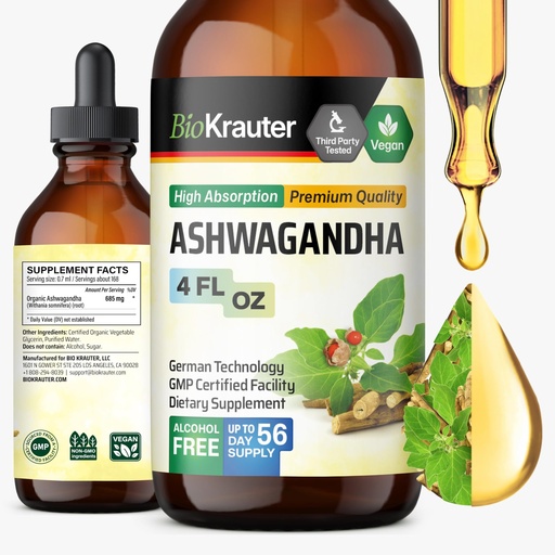 [BRSWGHYOBAPWKHLO] BIO KRAUTER® Ashwagandha Supplements - Liquid Drops Pure Vegan Ashwagandha for Women & Men 685 mg per Serving 4 Fl.Oz 56-Day Supply - Used for Mood Magic & Relaxation Support - Alcohol & Sugar Free
