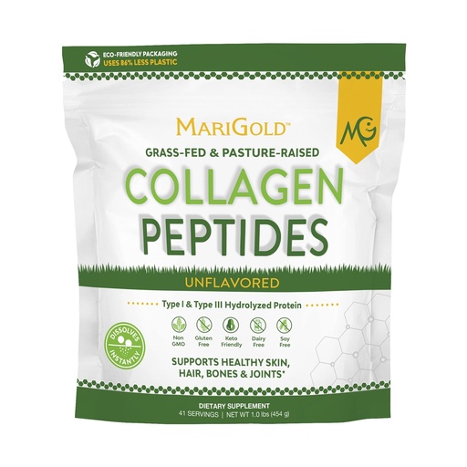 [BRSW2ZD4CQMGG237] MariGold Grass-fed Collagen Peptides Powder Unflavored 1LB - 100% Pure, Type I & III Bovine Hydrolyzed Collagen, Non-GMO, Hormone-Gluten-Dairy Free, Keto-Friendly, Easy to Mix