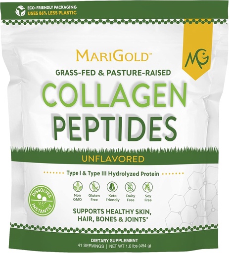 [BRSW2ZD4CQMGG237] MariGold Peptides de colágeno alimentados por hierbas Desarrollado 1LB - 100% Puro, Tipo I & III Collagen hidrolizado Bovino, No GMO, Hormona-Gluten-Dairy Gratis, Keto-Friendly, Fácil de Mezclar
