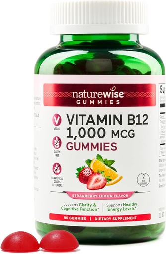 [BRSROHD3AFYAY3DF] NatureWise Vitamin B12 Gummies za odrasle, 1000 μg - Jagodna limonina aroma - podpira dnevno energijo, mentalno jasnost, kognitivno funkcijo - Veganska, Gluten-free, Ne-GMO - 90 Count[45-Day Supply]
