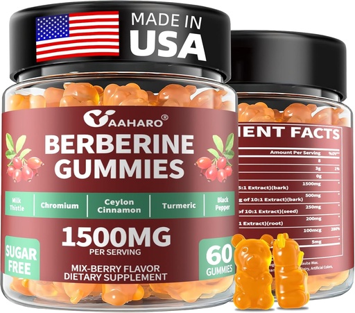 [BRSRA23ROADQMA36] Berberine with Ceylon Cinnamon Gummies - 1500mg Berberine HCI Supplement with Chromium,Turmeric and Milk Thistle - Immune Support - for Women & Men - 60 Sugar Free Gummies
