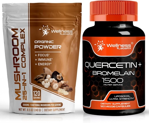 [BRSRAAY7AR5RU33G] WELLNESS LABSRX Mushroom Powder 2000mg - Quercetin with Bromelain Supplement - 1500mg