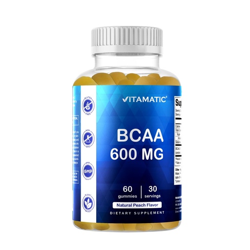 [BRSRMFQ3OB4GY3AY] Vitamatic BCAA Gummies - Branch Chain Amino Acid Supplements - Peach Flavor - 600mg per Serving - 60 Vegan Pectin Based Gummies (1 Bottle)