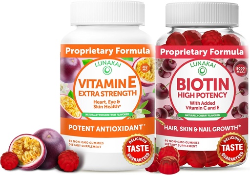 [BRSW2HANC4OQID32] Lunakai Vitamin E and Biotin Gummies Bundle - 3000 mcg Gummies for Adults Energy Support and Bone Health - Vitamins for Hair, Skin and Youthful Appearance