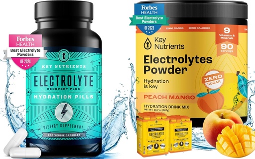 [BRSRAGIQO4JWGH37] KEY NUTRIENTS Hydration & Energy Electrolyte Bundle – Electrolyte Tablets & Tropical Peach Mango Multivitamin Powder, Sugar-Free