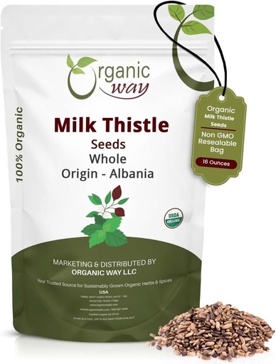 [BRSRMHAPO54AKEQY] Organic Way Whole Milk Thistle Seeds (Silibum marianum) - Билков чай  по европейски Wild-Harvest, Organic & Kosher Certified, Vecan, NonGluten Free, USDA Certified, Origin - Албания (16 Oz)