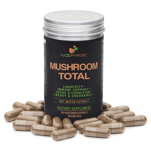[BRSWGEAHCUPBEETX] Noomadic Mushroom Total, 60 Capsules, 500mg, 30% Beta Glucans, Adaptogenic Mushroom Complex of Lions Mane, Turkey Tail, Chaga, Reishi, Cordyceps, Hot Water Extract, Fruiting Bodies.