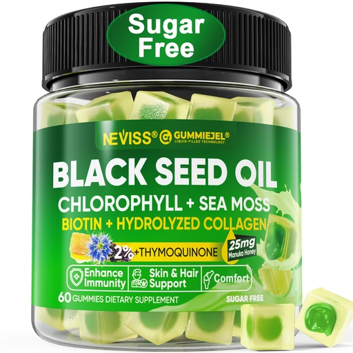 [BRSRAFAZOUDQY234] Black Seed Oil Gummies for Adults & Kids 9+, Chlorophyll & Sea Moss Supplement, Biotin with Hydrolyzed Collagen for Skin, Hair & Nails, Vit E, C, Zinc for Immune, Overall Health, Organic Cold Pressed
