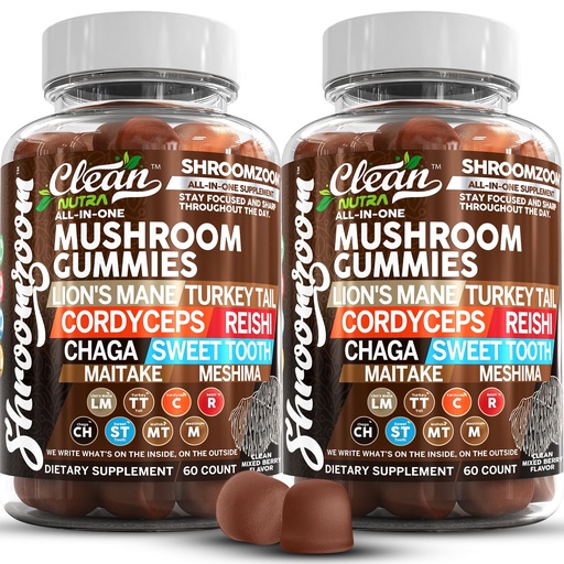 [BRSRAZILO57QECLA] 15in1 Mushroom Gummies with Lion's Mane Turkey Tail Cordyceps Reishi Chaga Sweet Toot Maitake Meshima Poria Cocos Shiitake Tremella, Oyster Agaricus Mushrooms for Men and Women Supplement - 2Pack