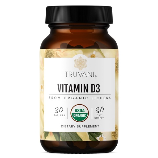 [BRSWGBACPJYWAFD4] Truvani Organic Vitamin D3 - Plant-Based, USDA Organic, Gluten-Free, Non-GMO, Vegan D3 Supplement - Supports Bone, Immune & Brain Health - 30 Tablets