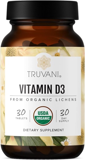[BRSWGBACPJYWAFD4] Truvani Organic vitamīns D3 - Augu bāzes, USDA Organic, bez lipekļa, ne-GMO, Vegan D3 Papildinājums - Atbalsta kaulu, imūnās un smadzeņu veselība - 30 tabletes
