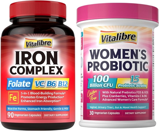 [BRSRABQ5PIDQIET6] Iron Supplement for Women & Men 90Caps & Vitalibre Probiotics for Women 100 Billion CFU 15 Strains