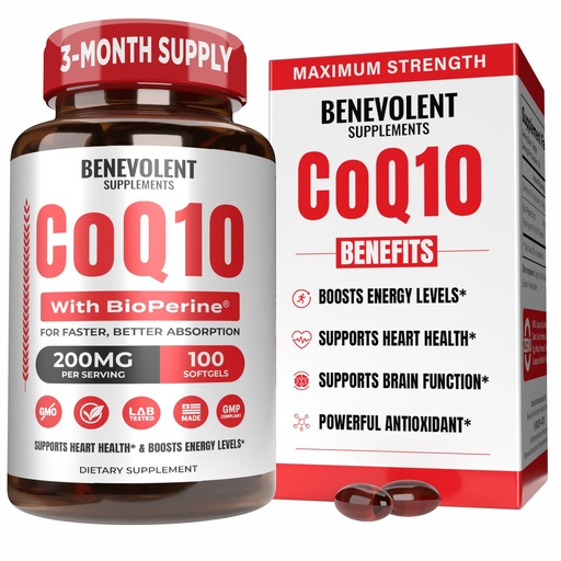 [BRSRAYAFCIIGE3A3] Benevolent Pure CoQ10 200mg Softgels with BioPerine® for Max Absorption, Ubiquinone Coenzyme Q10 Supplement for Heart Health, Energy Production, Healthy Aging & Antioxidant Support, 100 Softgels
