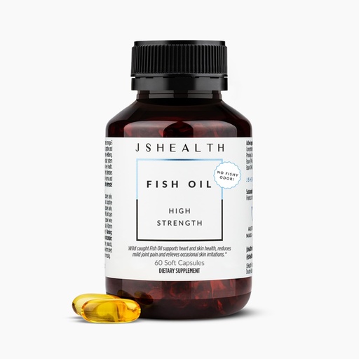 [BRSROFIEBAIGKH3L] JSHealth High Strength Fish Oil. 900mg Omega-3 per Capsule with 540mg EPA and 360mg DHA. Wild-Caught, Friend of the Sea Certified, Vanilla Coated. No Fishy Aftertaste (60 Capsules)