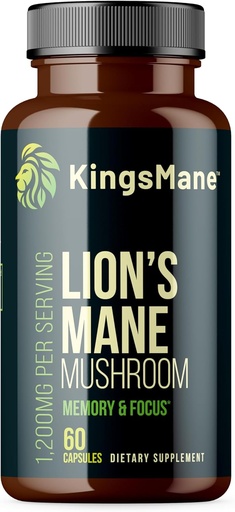 [BRSRAGA3CENWGDT2] KingsMane™ Organic Lion's Mane Mushroom Supplement, Memory, Focus, & Clarity Brain Support, 1200mg, 60 Capsules